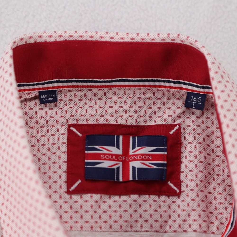 Soul of London Mens Button Down Shirt Red White Geometric Print Stretch Large - Picture 8 of 10